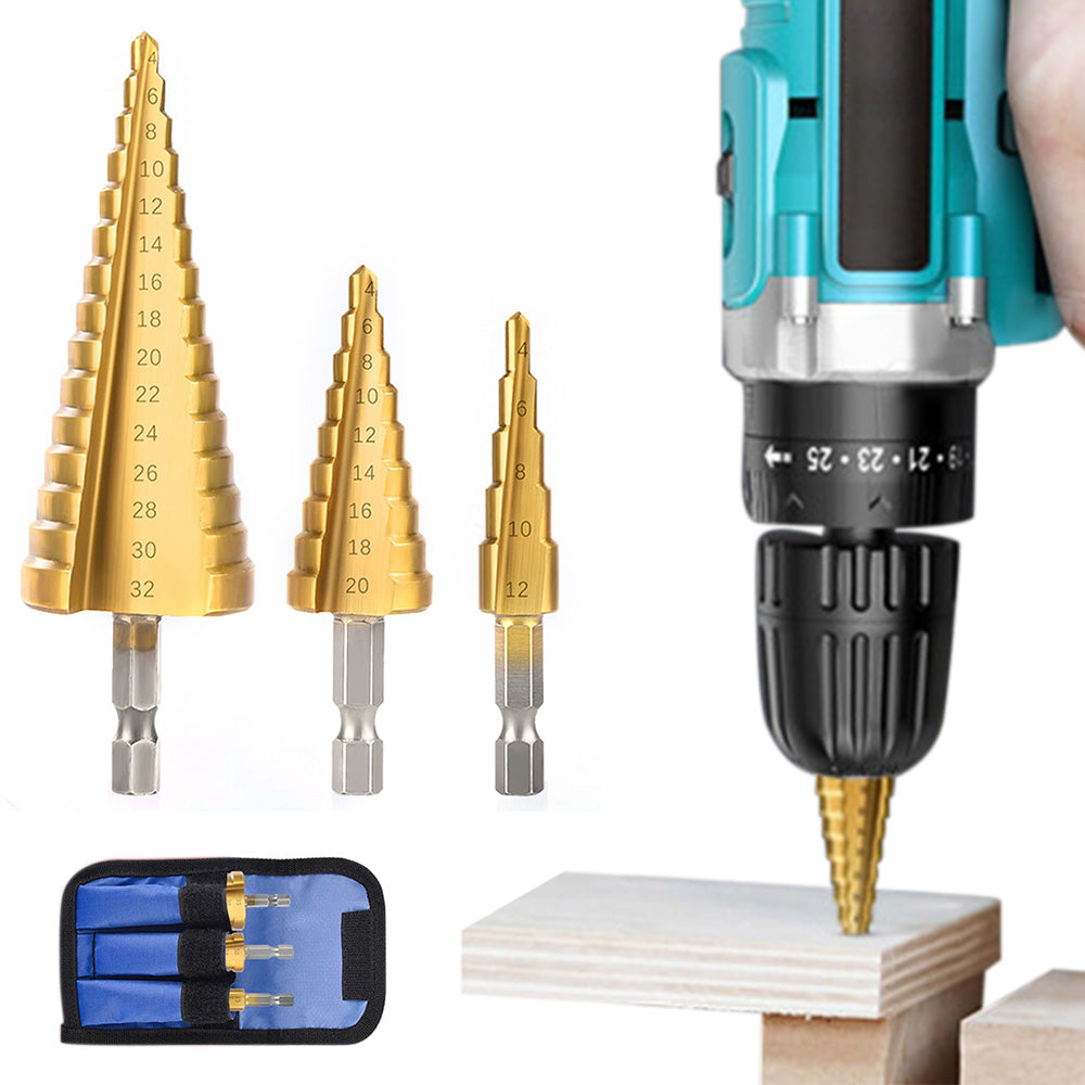 3 Piece Bearing Steel Titanium Coated Conical Step Drill Bit Set
