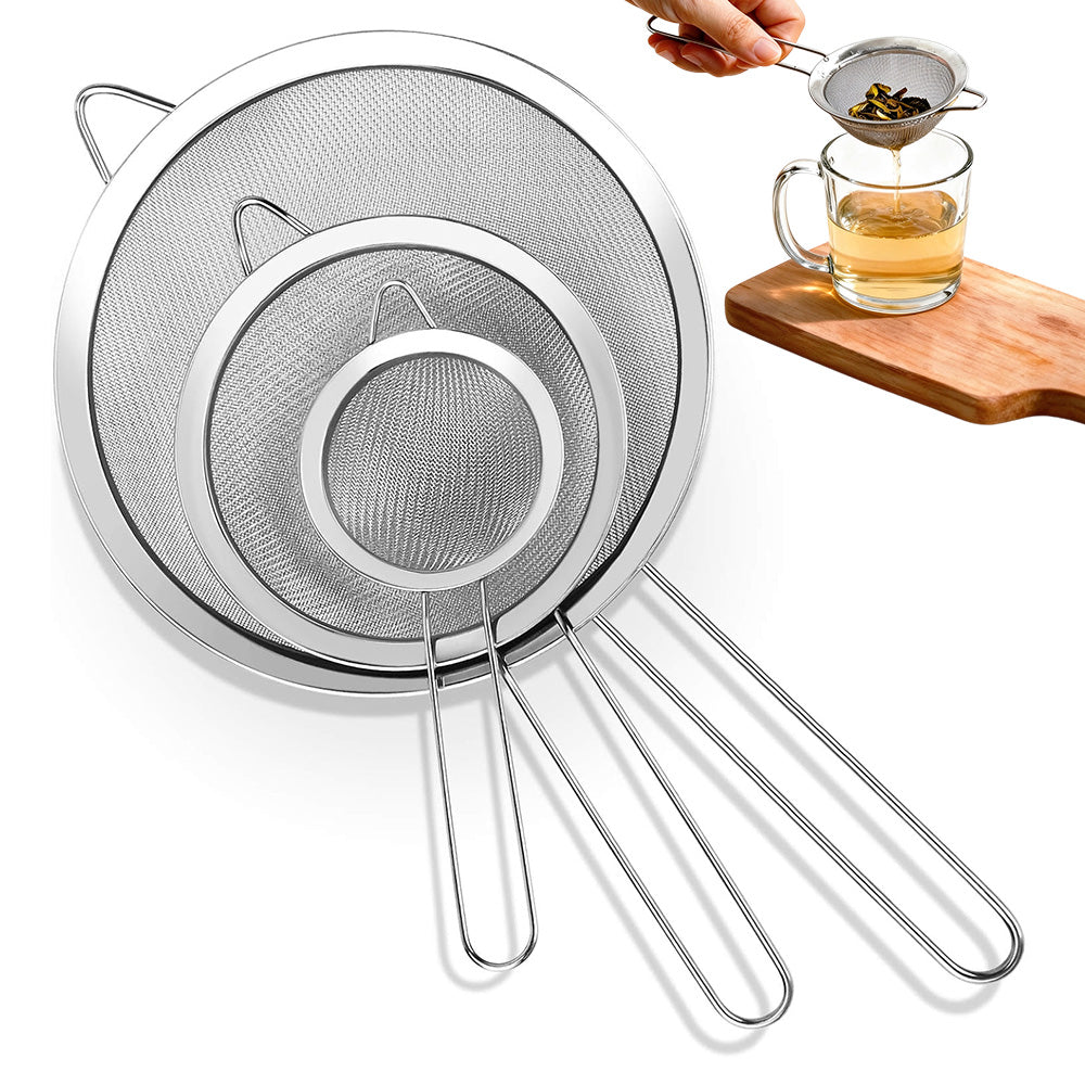 3 Pcs 304 Stainless Steel Fine Mesh Strainer Set with Long Handles
