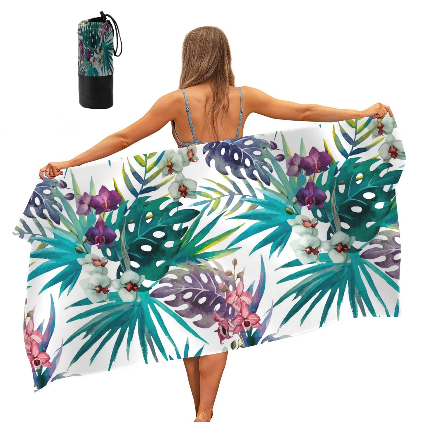 80 x 160cm Quick Dry Beach Towel With Storage Bag-Tropical leaves