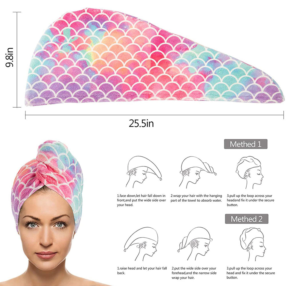 2Pcs Super Absorbent Microfiber Hair Towels with Button Bath Shower Cap-Yellow&pink