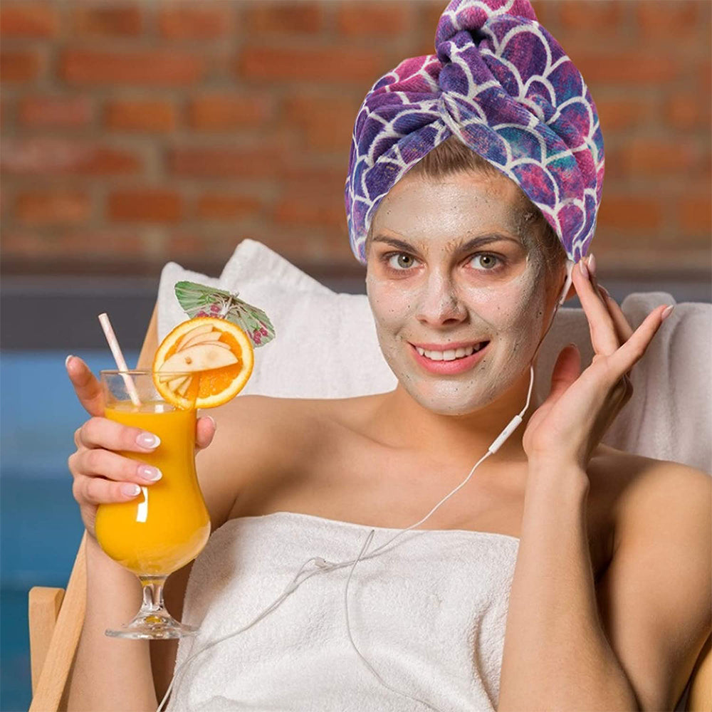 2Pcs Super Absorbent Microfiber Hair Towels with Button Bath Shower Cap-Yellow&Purple