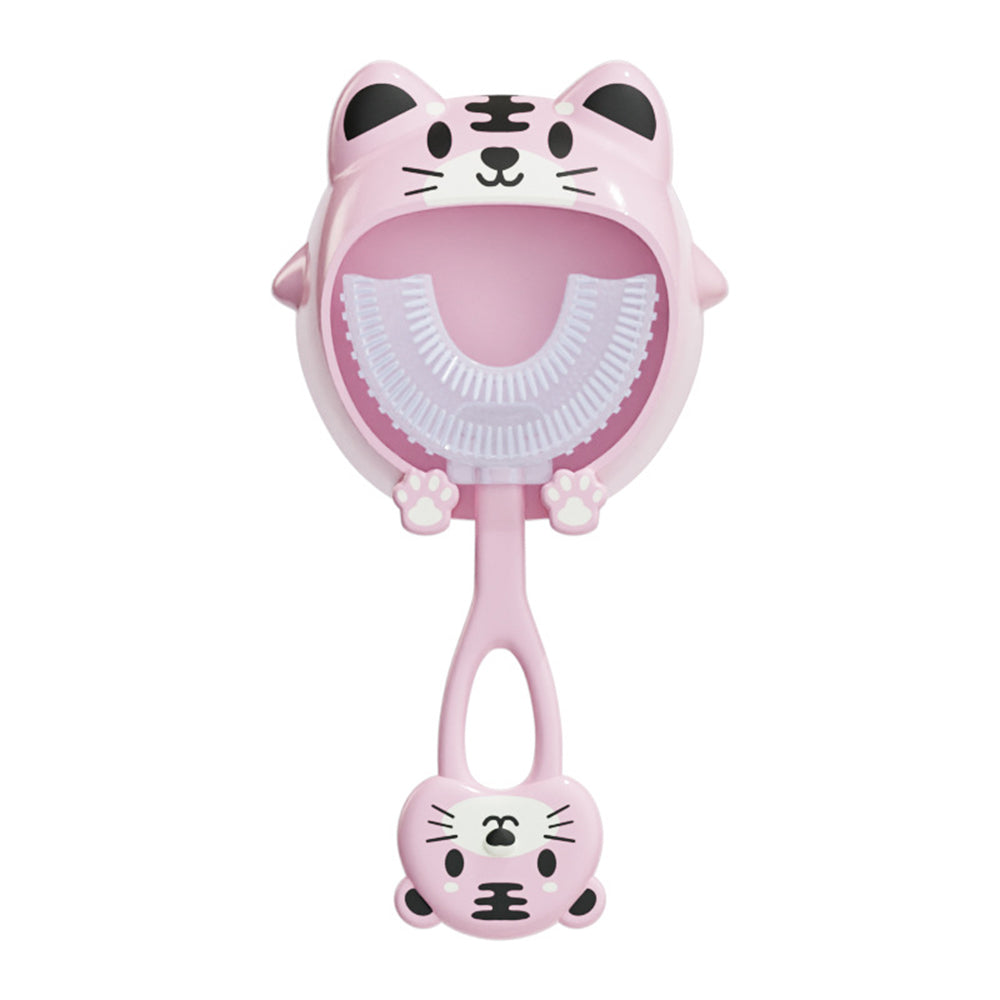U Shaped Kids Soft Silicone Toothbrush with Cute Animal Shaped Self-Adhesive Bracket for Ages 2-12