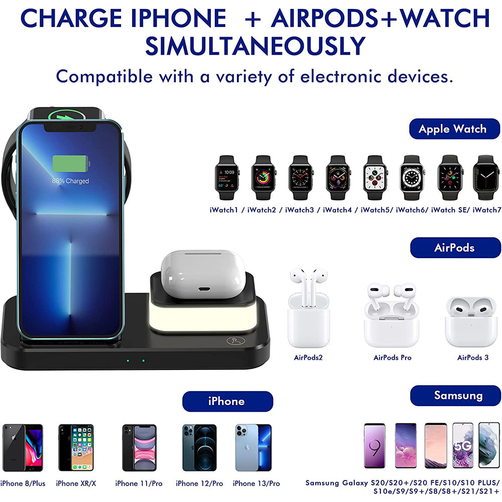 4 in 1 Folding USB Plug Wireless Charger with Touch Lamp for Phone Apple Watch Airpods