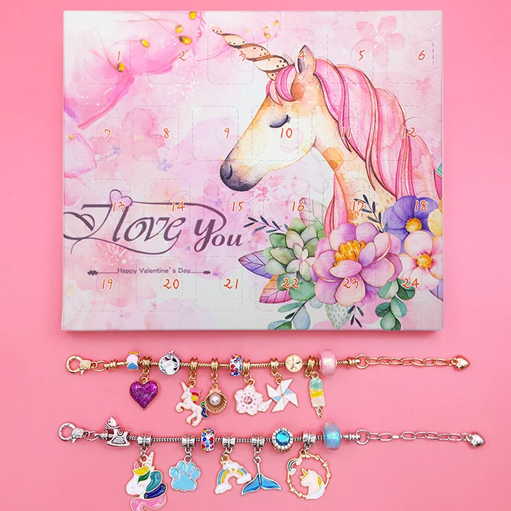 24-Days Countdown Advent Calendar Unicorn Box Charm Bracelet Set