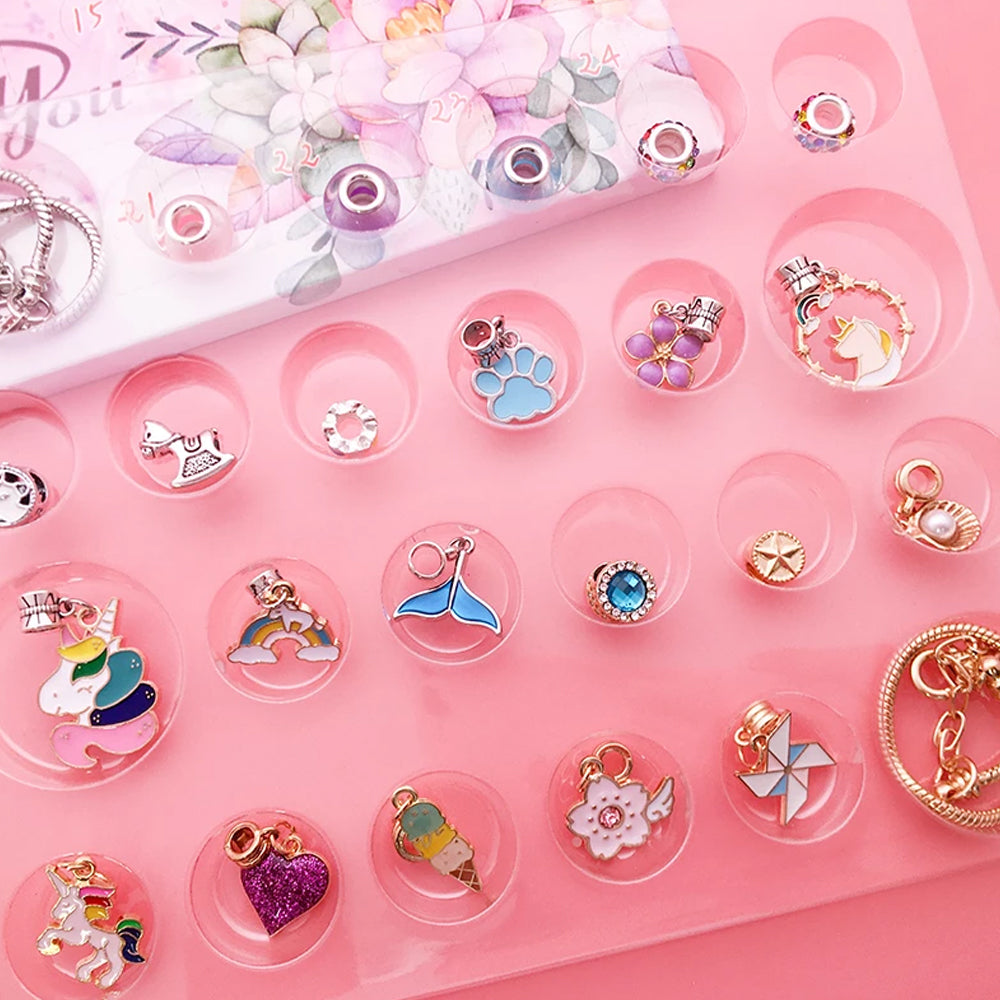 24-Days Countdown Advent Calendar Unicorn Box Charm Bracelet Set