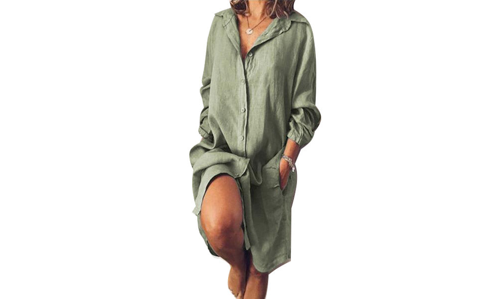 Women Cotton Button Down Shirt Dress Causal Loose Dress with Pocket Beach Shirt