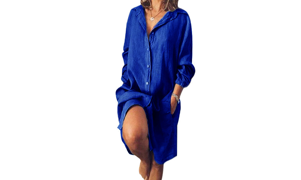 Women Cotton Button Down Shirt Dress Causal Loose Dress with Pocket Beach Shirt