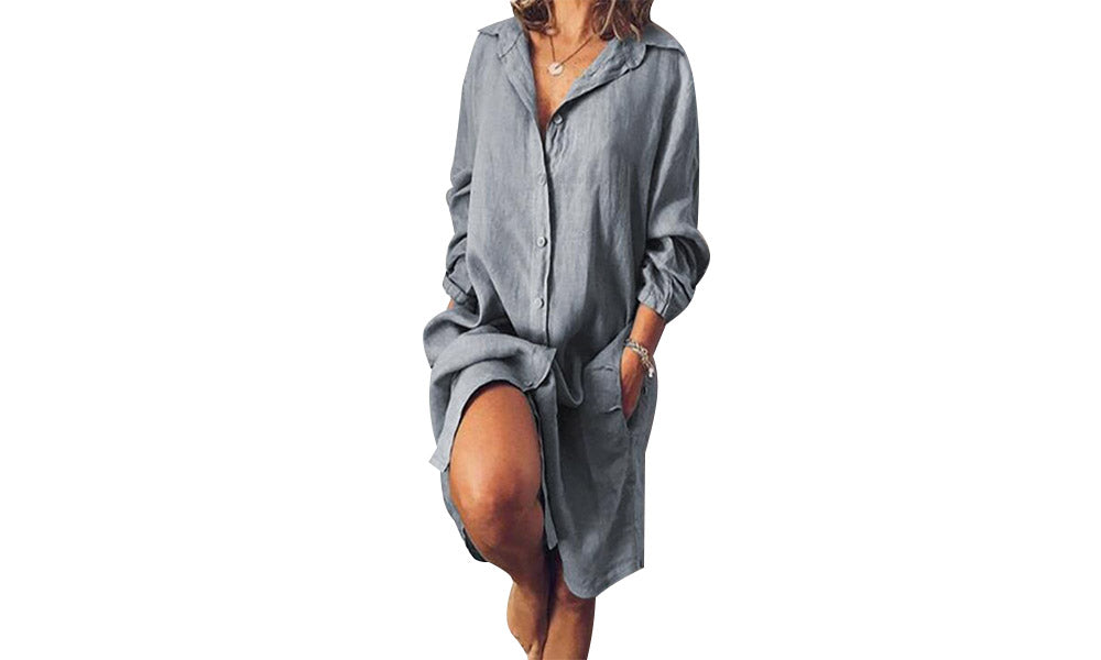 Women Cotton Button Down Shirt Dress Causal Loose Dress with Pocket Beach Shirt