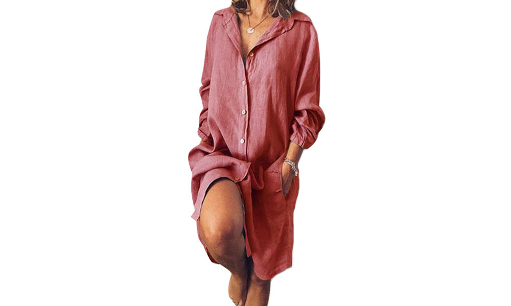 Women Cotton Button Down Shirt Dress Causal Loose Dress with Pocket Beach Shirt