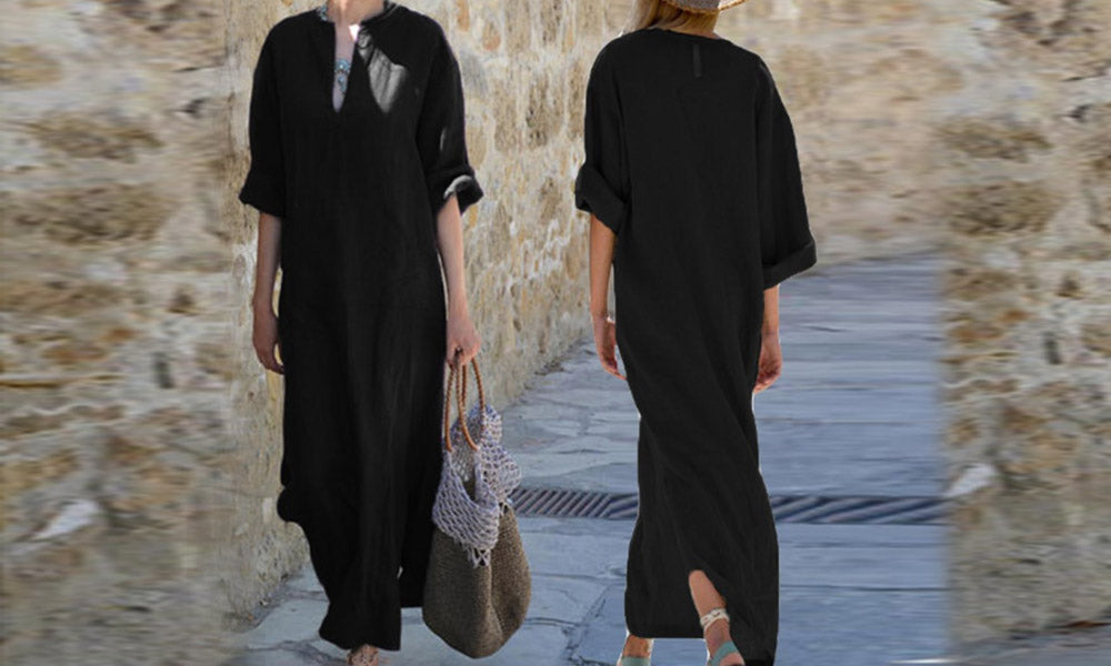 Women Cotton Linen Dress with Bib Pockets Side Slit Maxi Dress