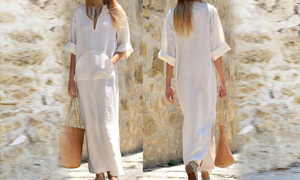 Women Cotton Linen Dress with Bib Pockets Side Slit Maxi Dress