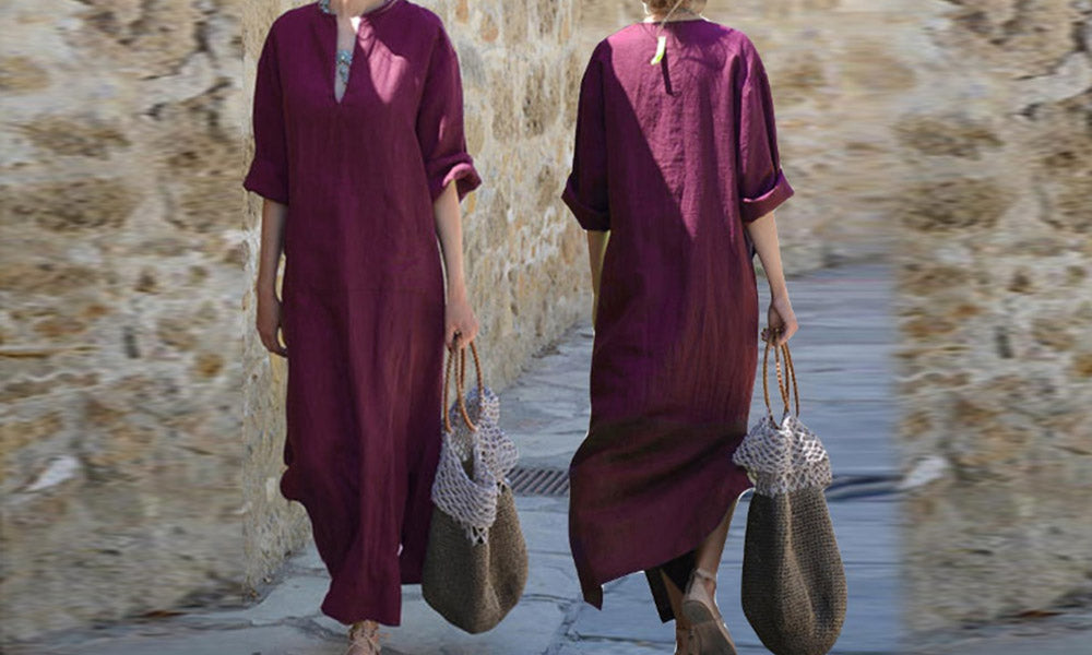 Women Cotton Linen Dress with Bib Pockets Side Slit Maxi Dress