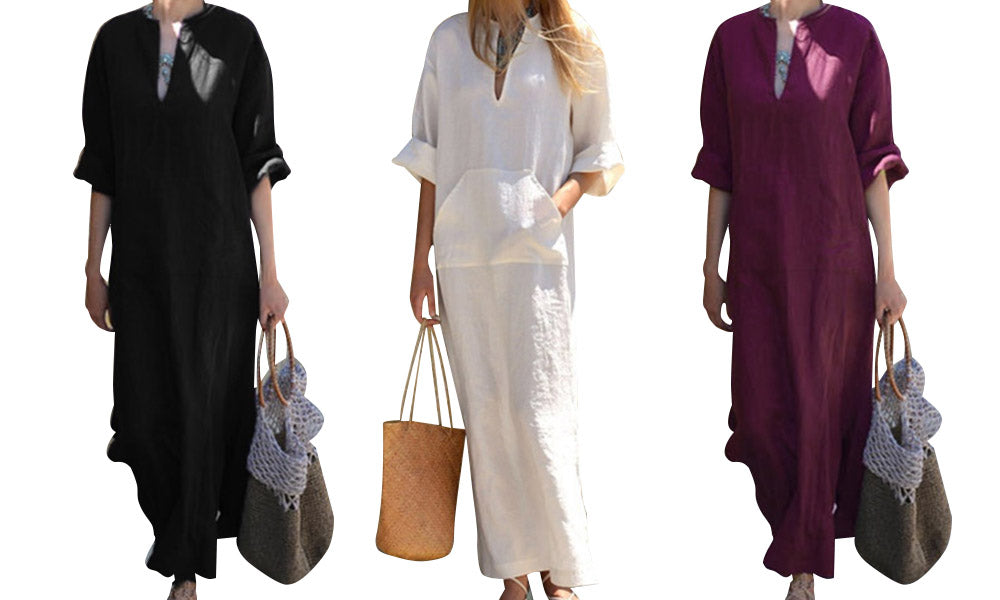 Women Cotton Linen Dress with Bib Pockets Side Slit Maxi Dress