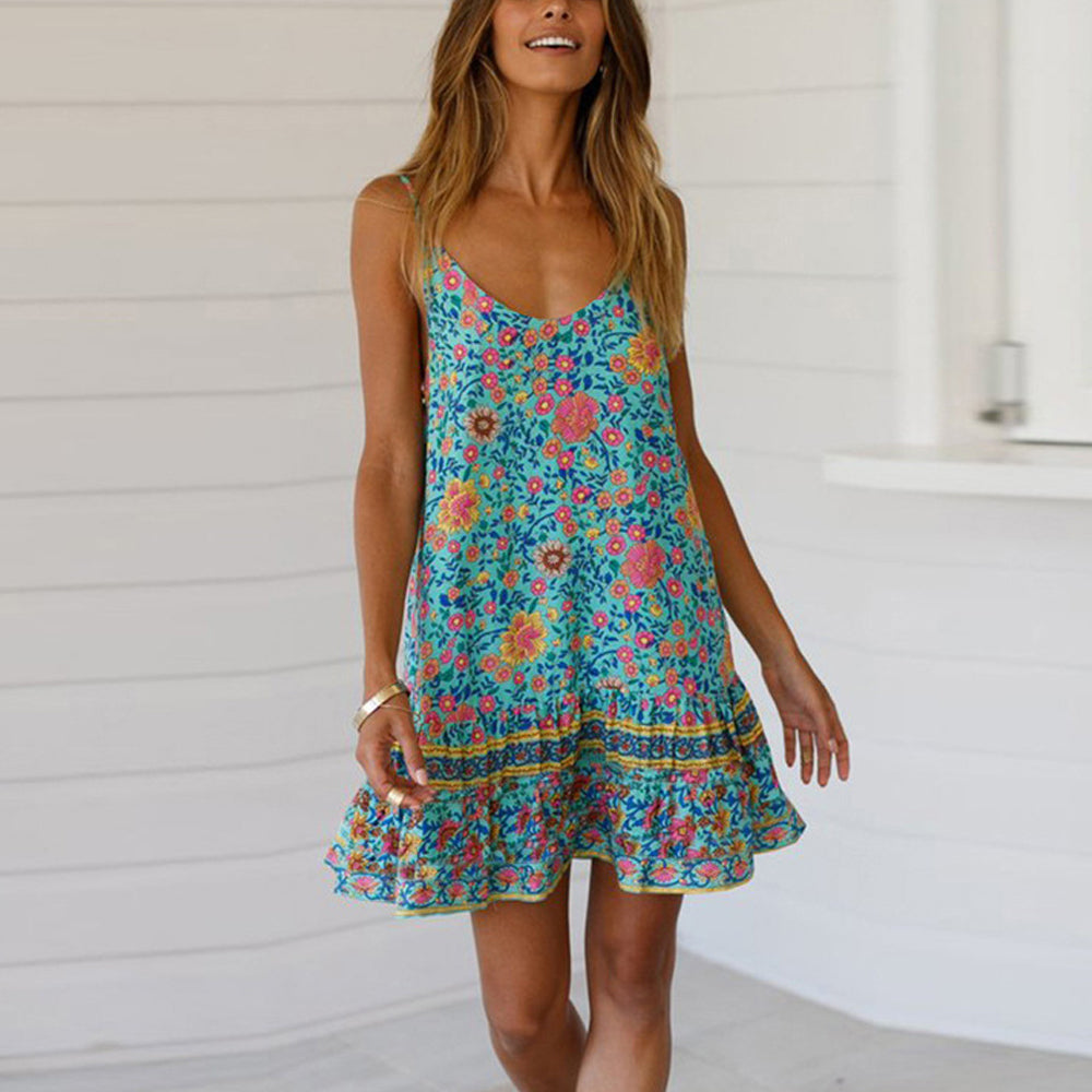 Women's Dresses Summer Casual Floral Printed Spaghetti Strap Sun Dress
