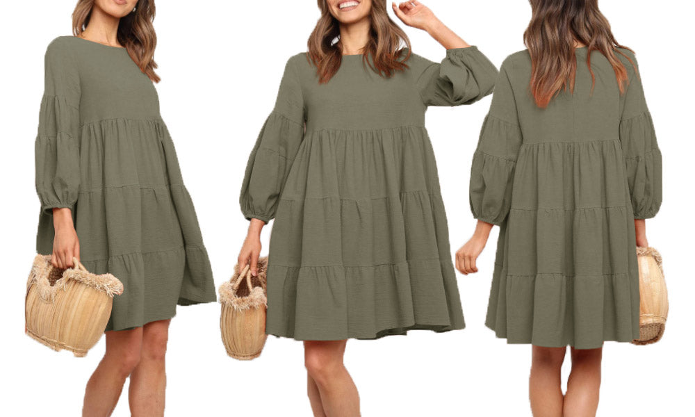 Cotton Linen Puff Sleeves Dress