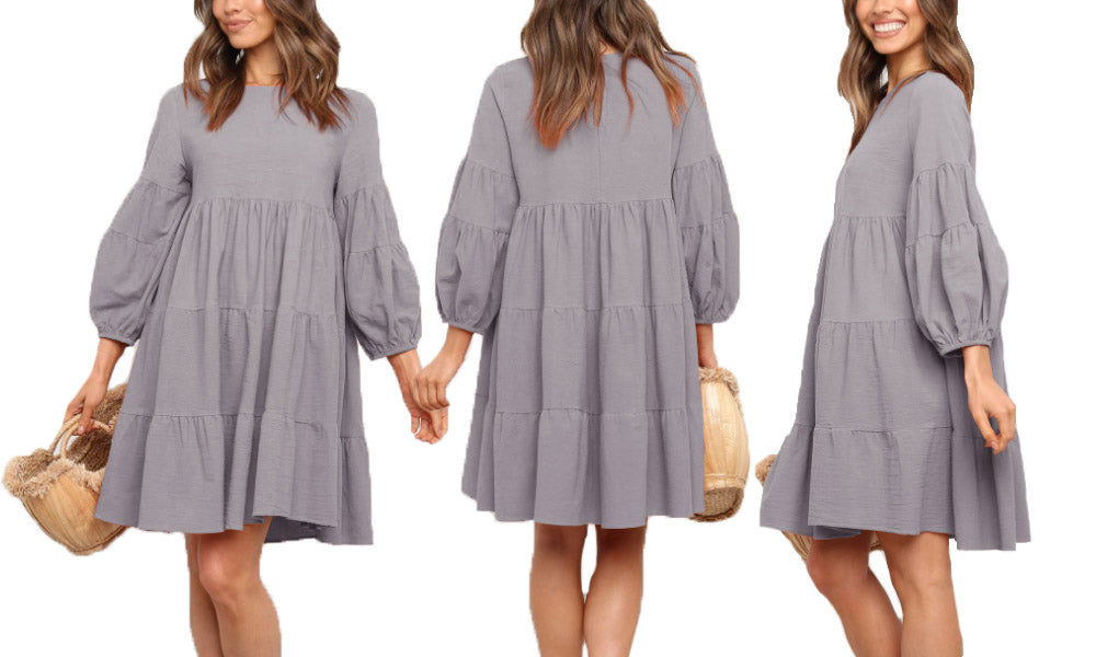 Cotton Linen Puff Sleeves Dress