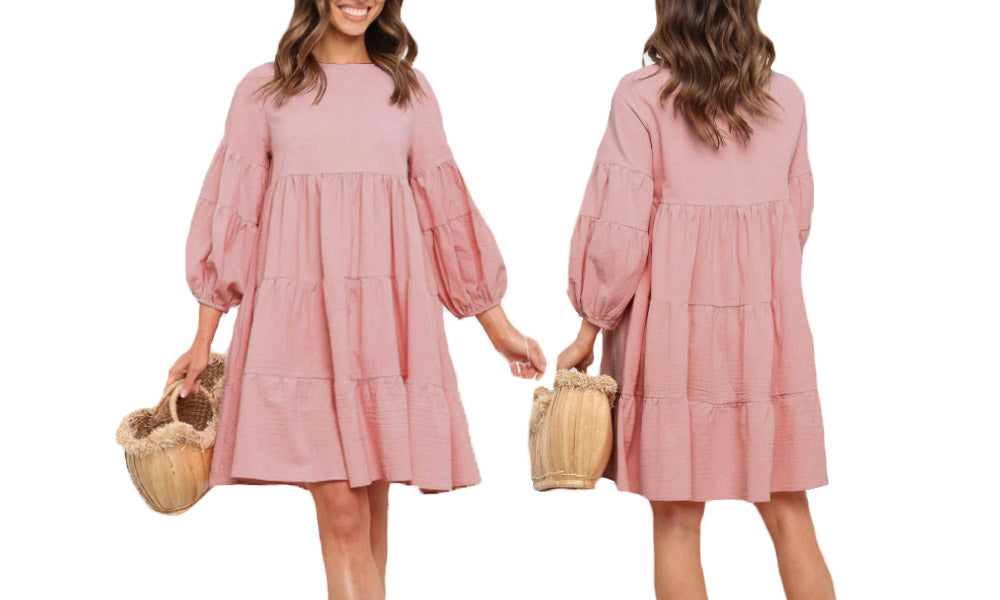 Cotton Linen Puff Sleeves Dress
