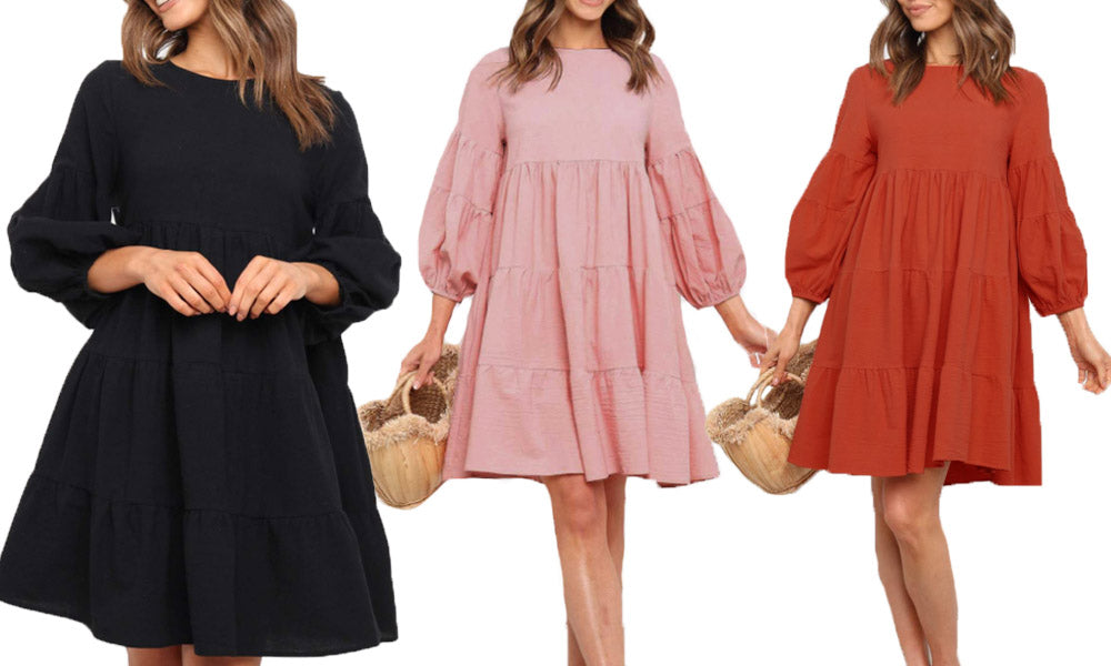Cotton Linen Puff Sleeves Dress