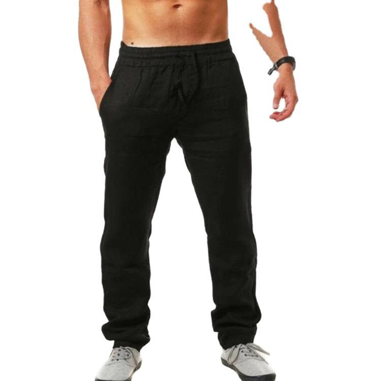 Men's Cotton Linen Pants Breathable Loose Drawstring Yoga Trousers-Black
