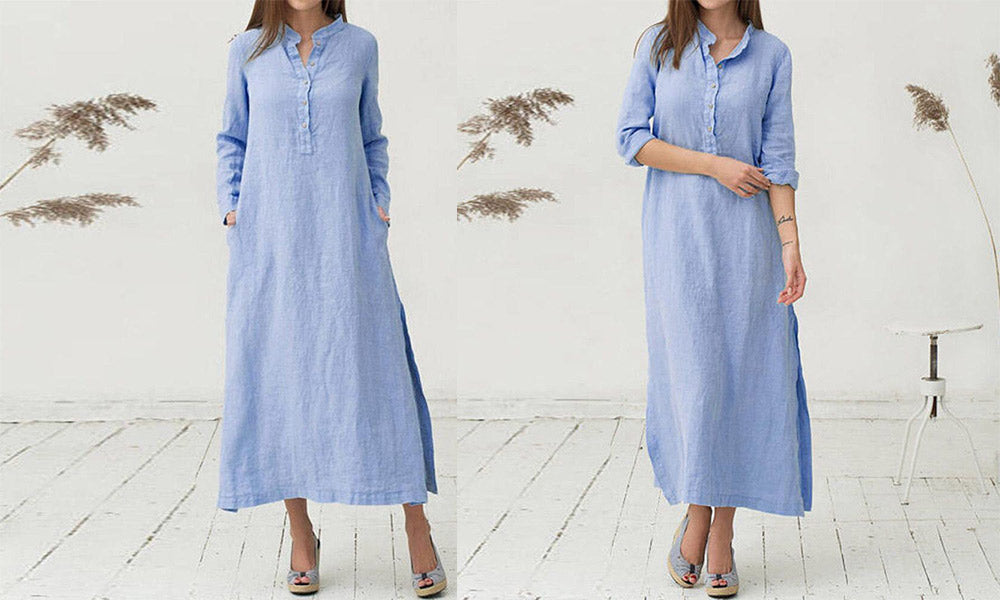 Women Cotton Blend Long Sleeve Button Down Relaxed Maxi Dress