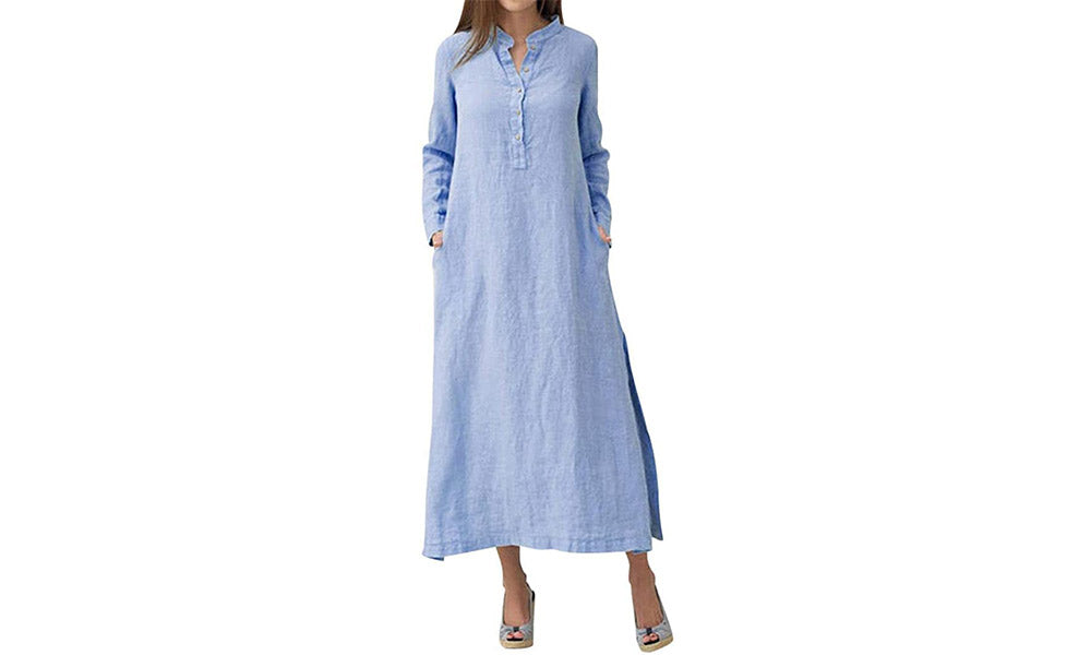 Women Cotton Blend Long Sleeve Button Down Relaxed Maxi Dress