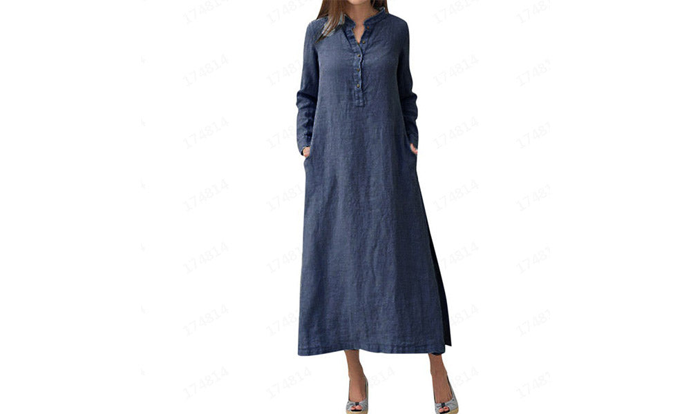 Women Cotton Blend Long Sleeve Button Down Relaxed Maxi Dress