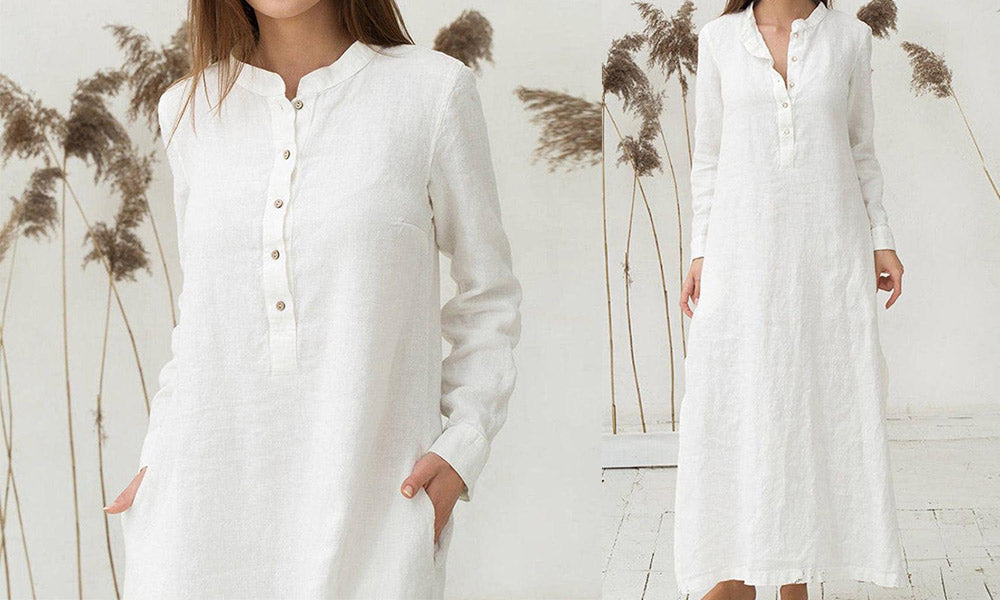 Women Cotton Blend Long Sleeve Button Down Relaxed Maxi Dress