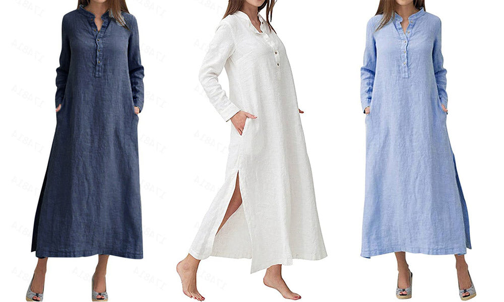 Women Cotton Blend Long Sleeve Button Down Relaxed Maxi Dress