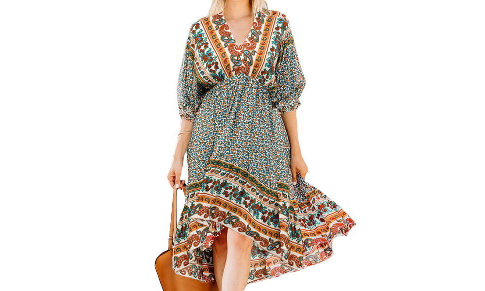 Women's Boho Floral Back Tie Deep V-Neck Dress