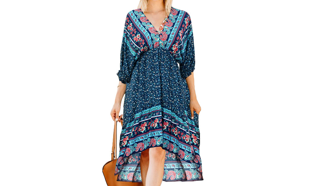 Women's Boho Floral Back Tie Deep V-Neck Dress
