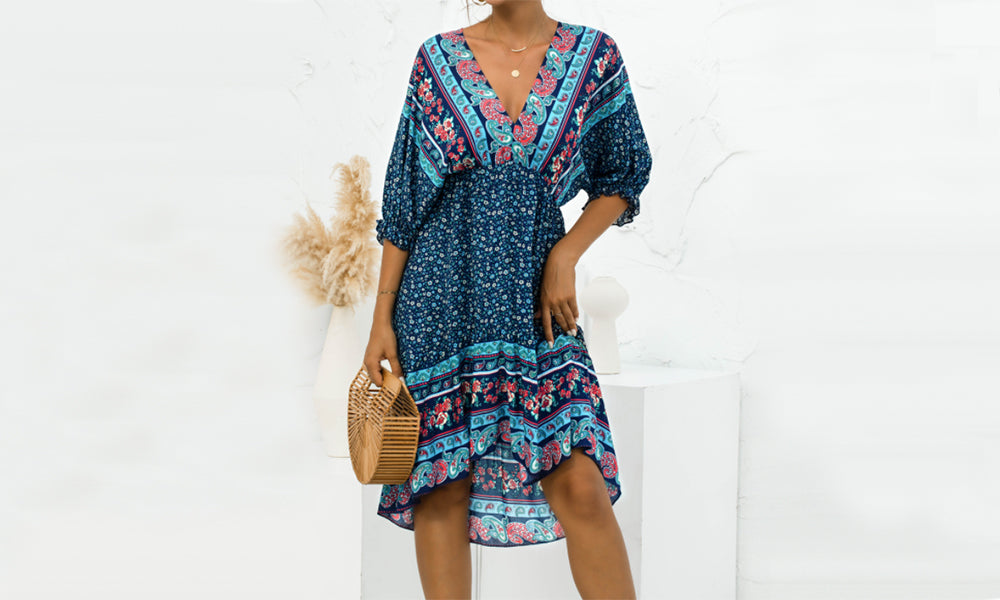 Women's Boho Floral Back Tie Deep V-Neck Dress