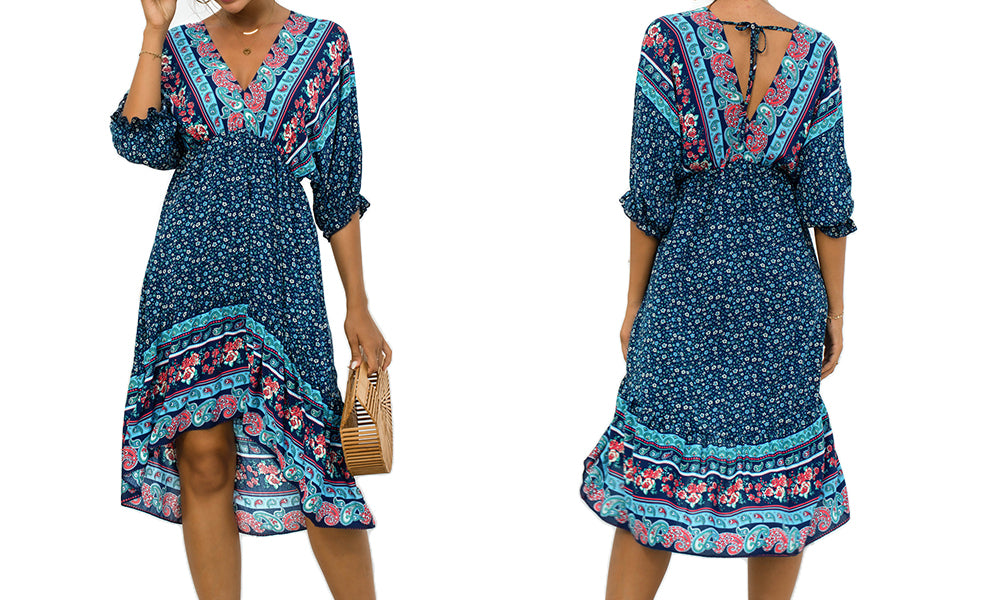 Women's Boho Floral Back Tie Deep V-Neck Dress
