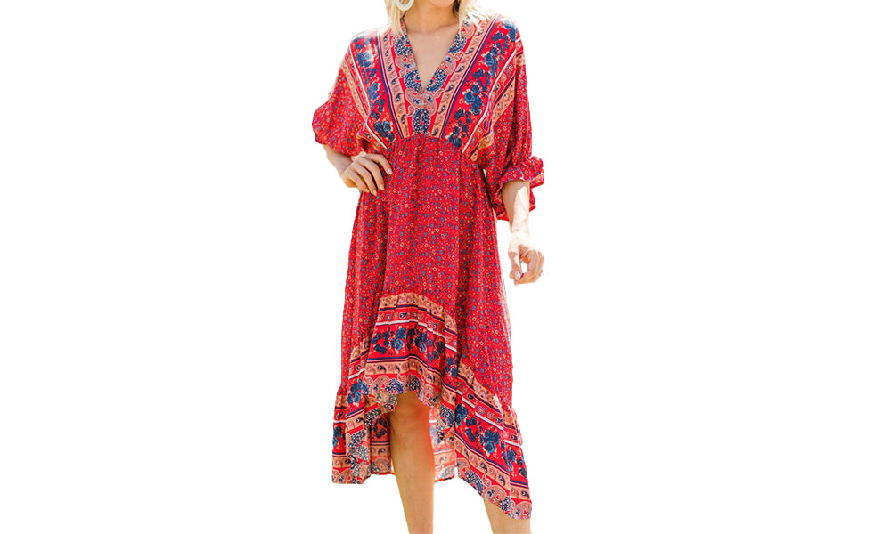 Women's Boho Floral Back Tie Deep V-Neck Dress