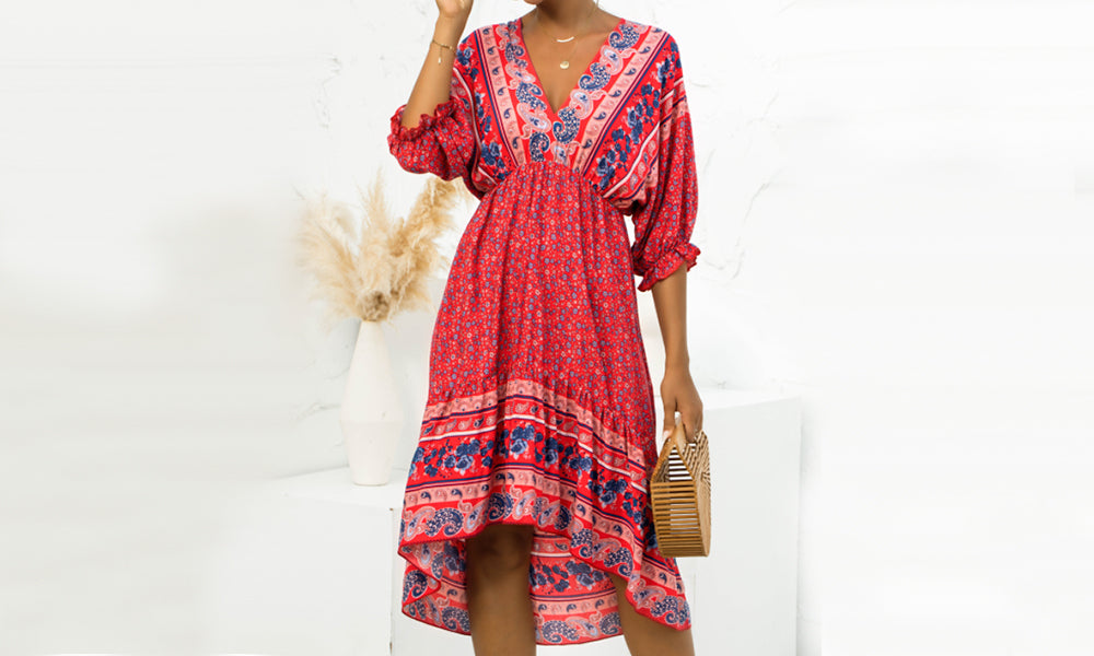 Women's Boho Floral Back Tie Deep V-Neck Dress
