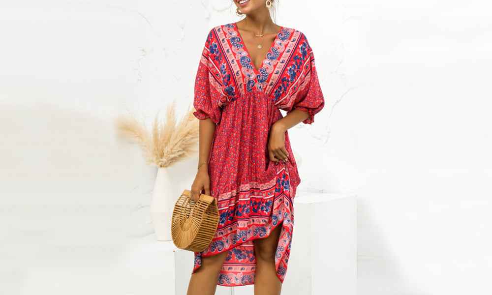 Women's Boho Floral Back Tie Deep V-Neck Dress