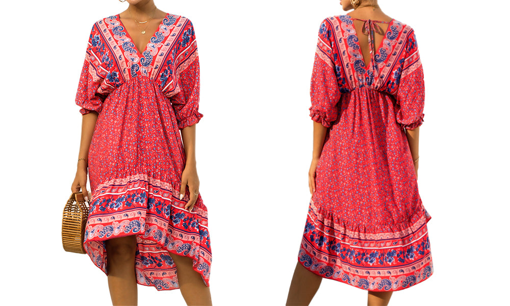 Women's Boho Floral Back Tie Deep V-Neck Dress