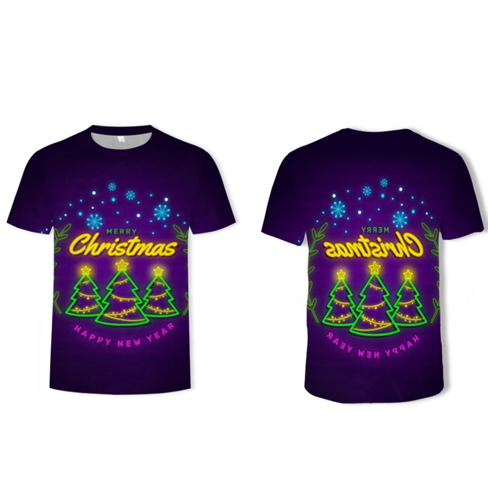 Men Christmas Printed Short Sleeve Tops Round Neck Xmas Tee Tops -Puple