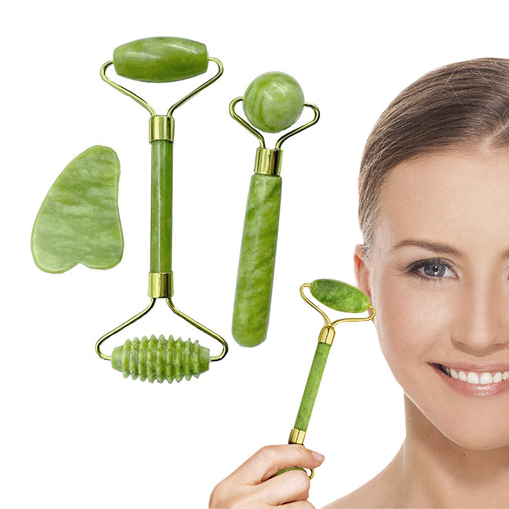 3Pcs Facial Jade Roller with Gua Sha Massager Set