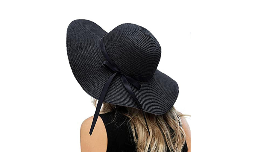 Foldable Straw Wide Brim Beach Hat Black