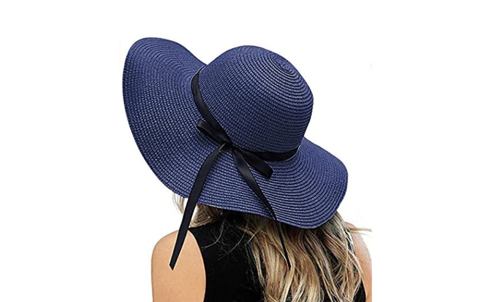 Foldable Straw Wide Brim Beach Hat Blue
