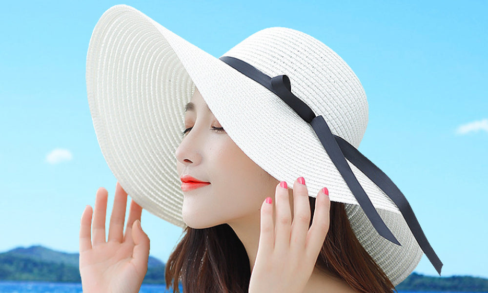 Foldable Straw Wide Brim Beach Hat White