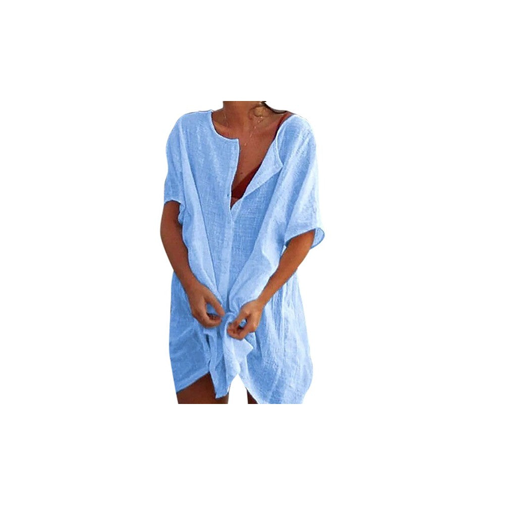 Women Cotton Blend Beach Cover Up Summer Shirt Dress Bikini Cover Up