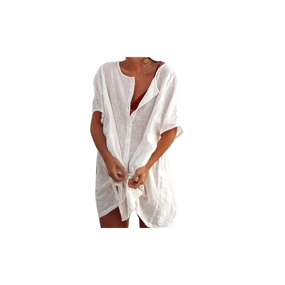 Women Cotton Blend Beach Cover Up Summer Shirt Dress Bikini Cover Up