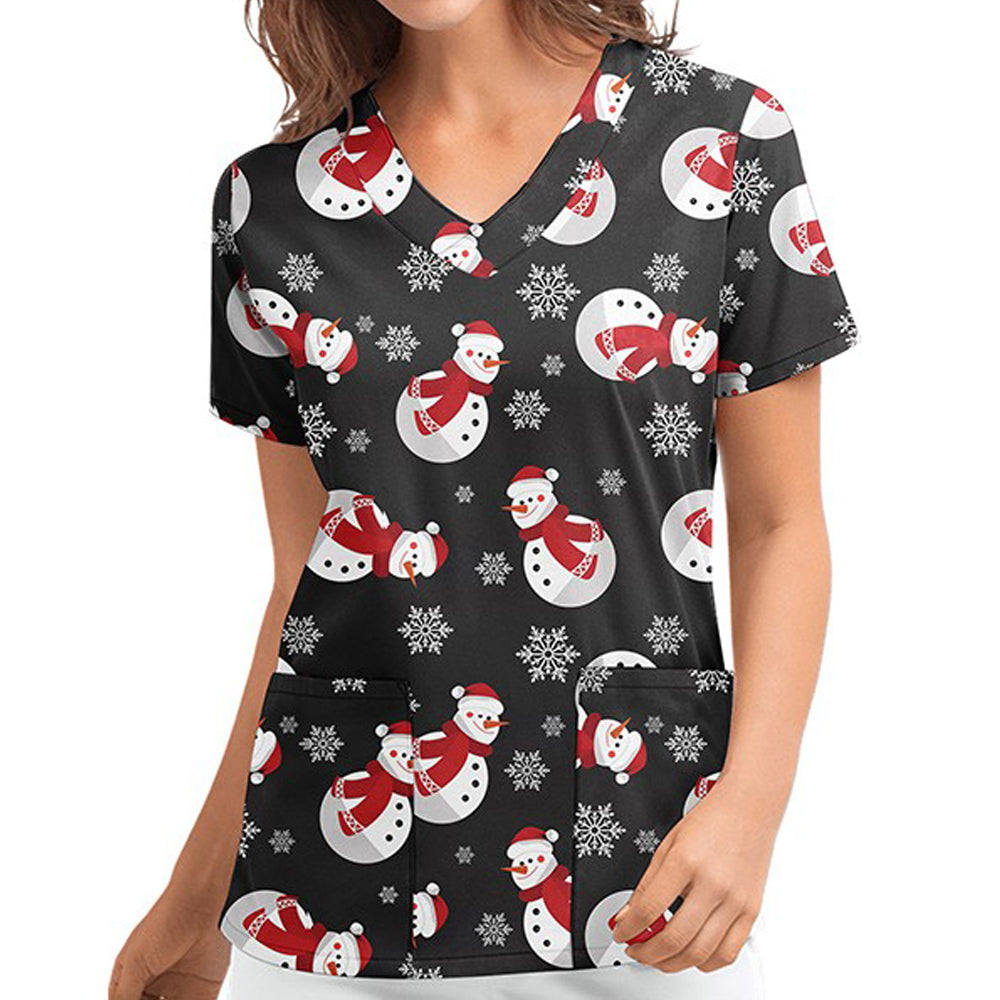Women Christmas Short Sleeve Pocket Front Top V-Neck Xmas Blouse Tops -Black