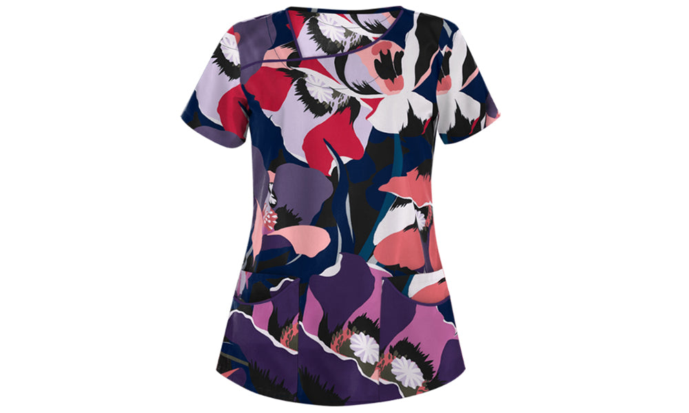 Women Causal Printed Top Short Sleeve Shirts Top with Pocket