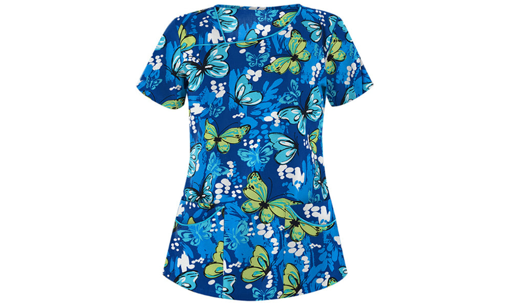 Women Causal Printed Top Short Sleeve Shirts Top with Pocket