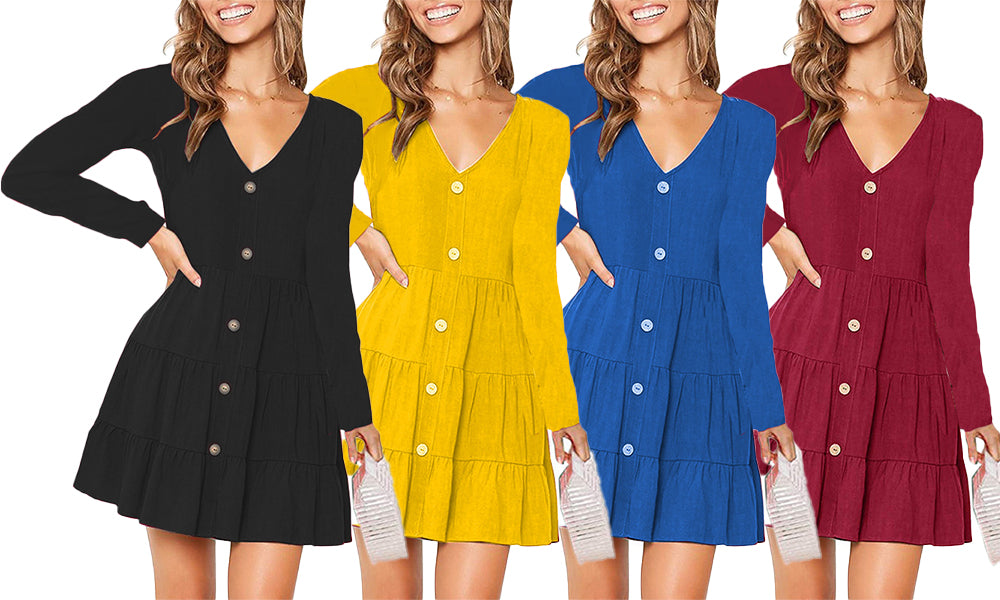 Women Long Sleeve Button Up Tired Ruffles Dress
