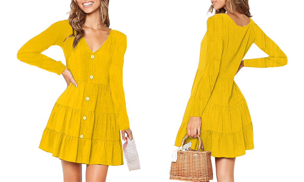 Women Long Sleeve Button Up Tired Ruffles Dress