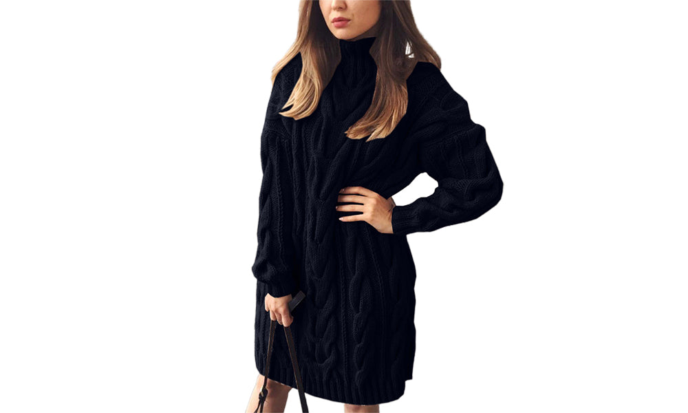Women High Neck Cable Knit Sweater Dress Turtleneck Sweater Dresses