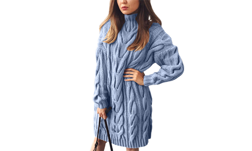 Women High Neck Cable Knit Sweater Dress Turtleneck Sweater Dresses